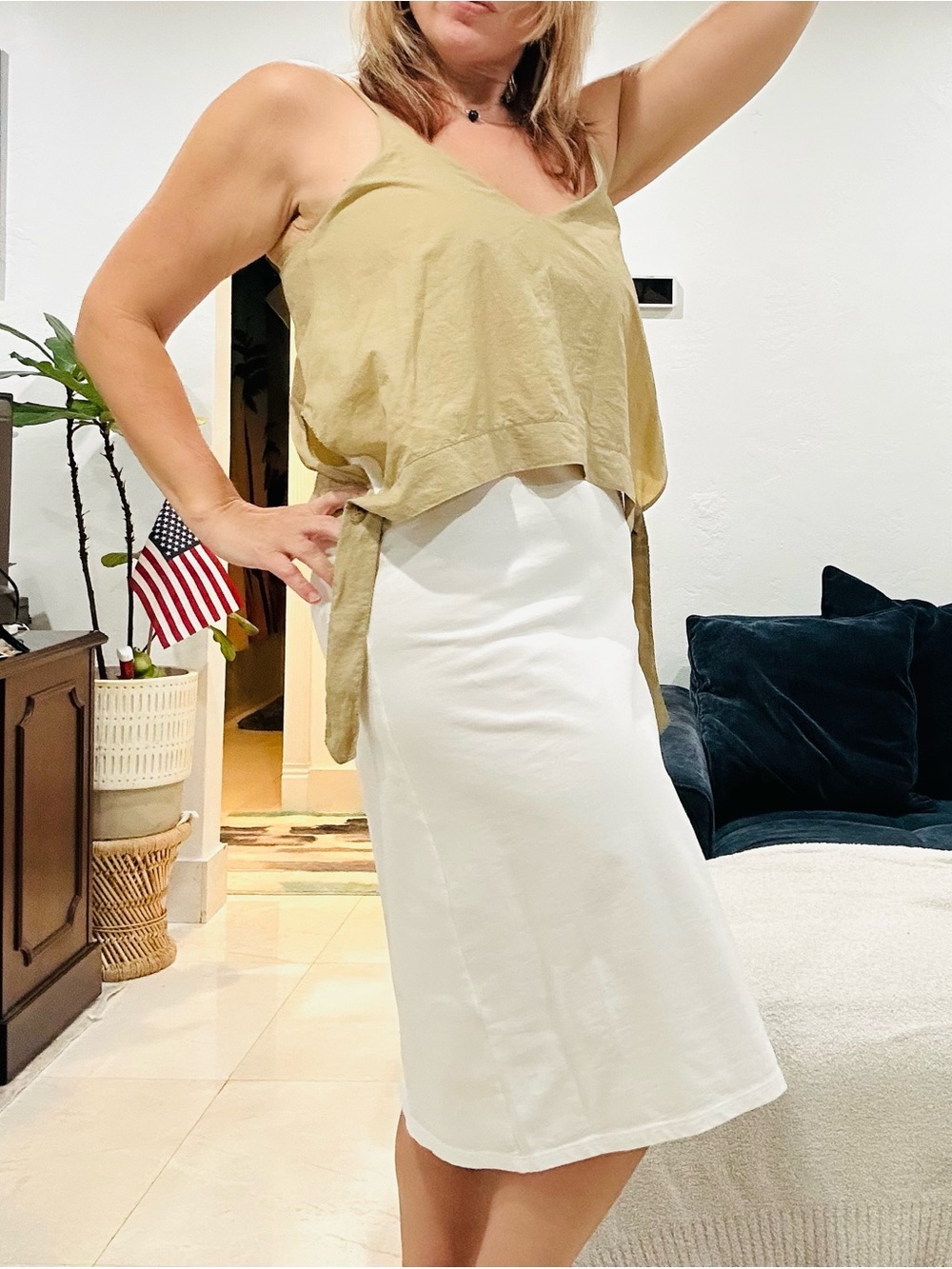 ZARA White & Beige Midi Resort Dress  - Clean Classic Size Medium